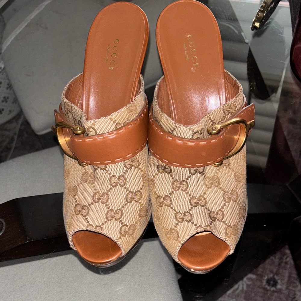 Gucci Brown Monogram Peep-Toe Mules